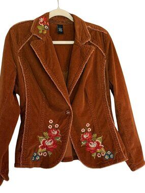 Kiki L 98% Cotton Cognac Colored Corduroy Jacket with Embroidered Flowers BOHO